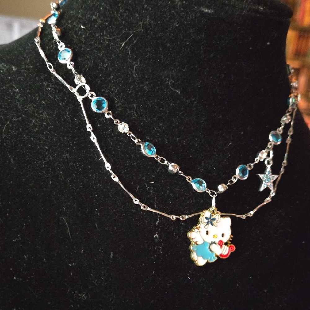 Blue Crystal Choker Featuring Angelic Hello Kitty